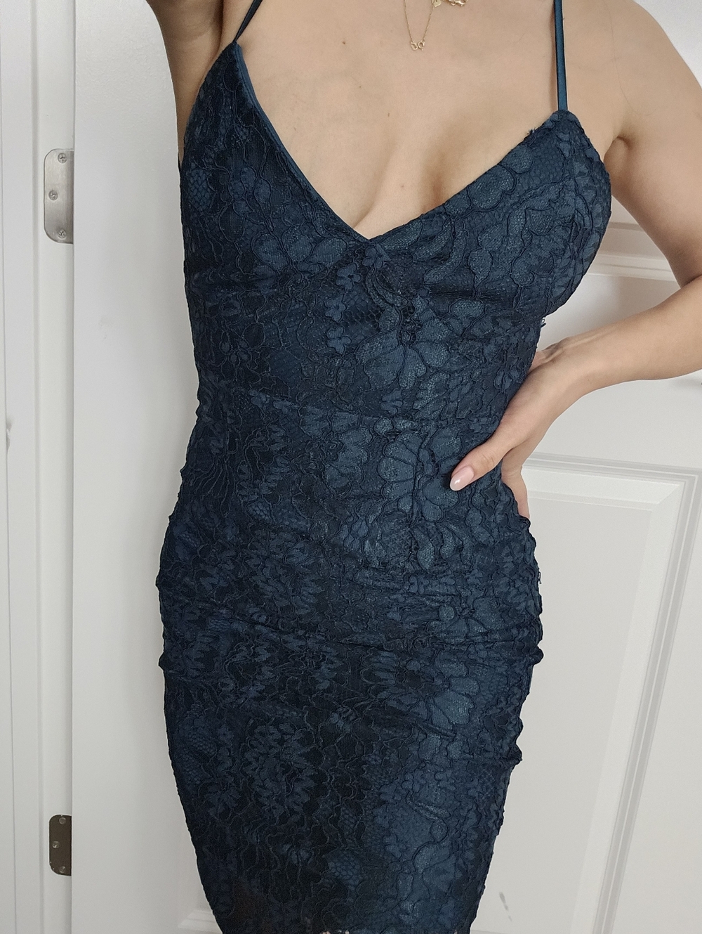 Lulu's Dark Teal Lace Midi Dress with Spaghetti Straps